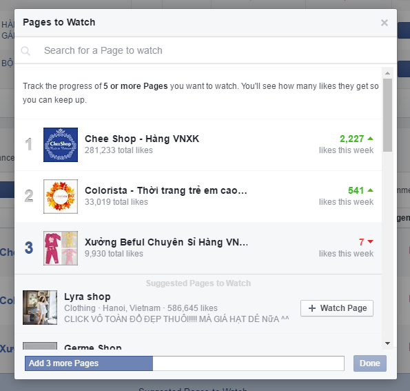 Bạn có thể thêm các Page khác để theo dõi